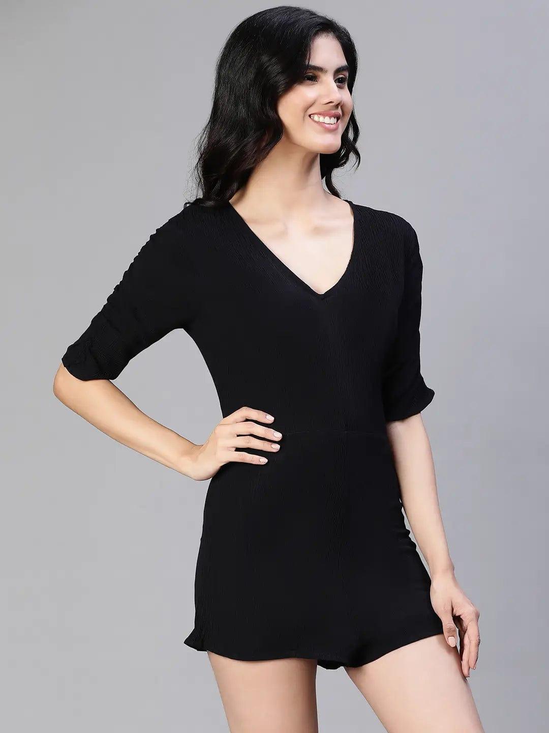 Barre Solid Black V-Neck Women Playsuit