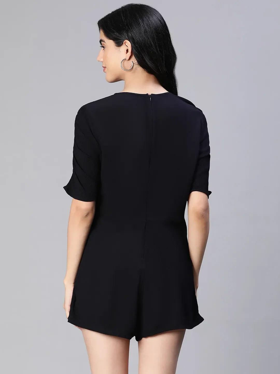 Barre Solid Black V-Neck Women Playsuit