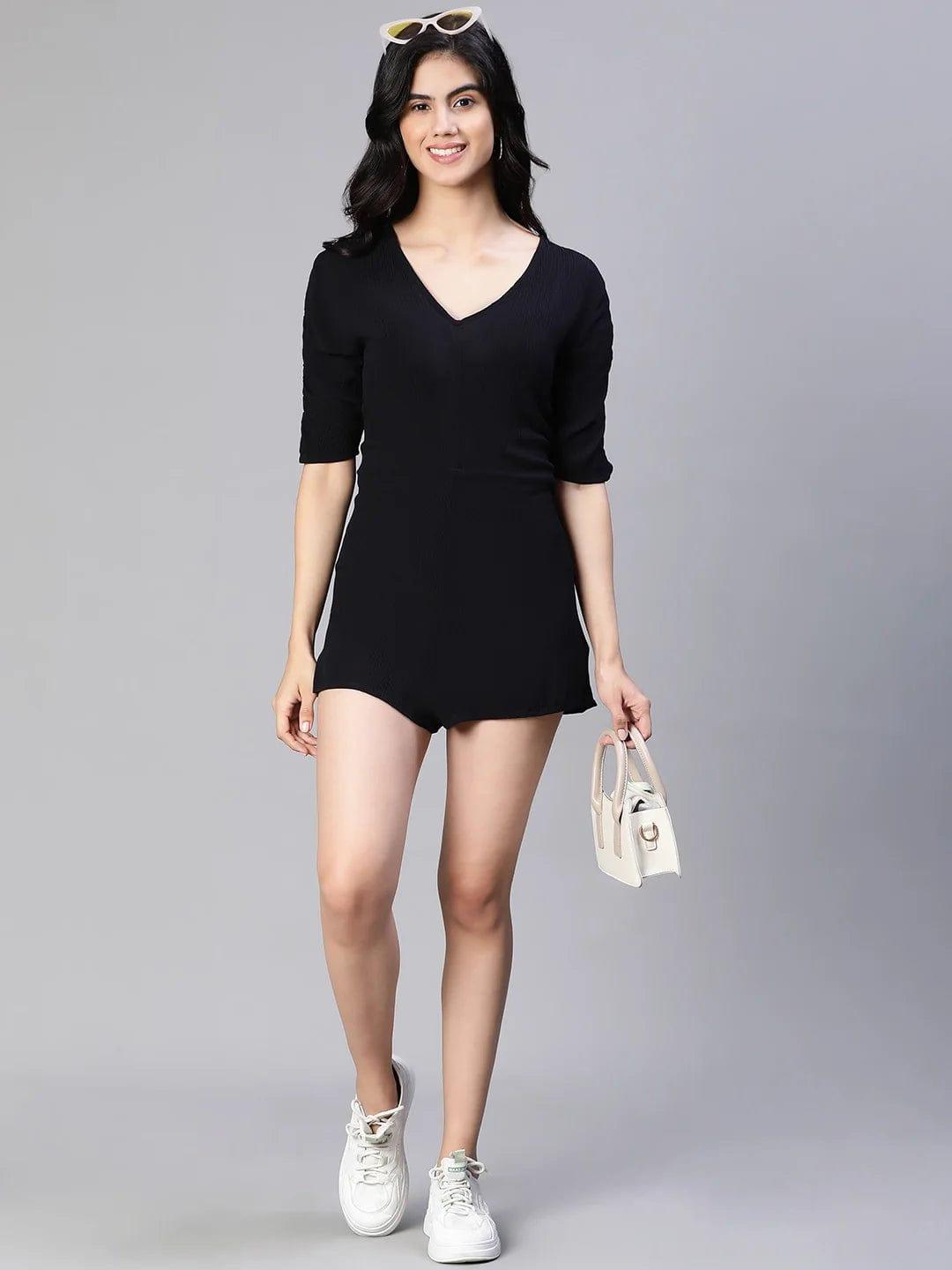 Barre Solid Black V-Neck Women Playsuit