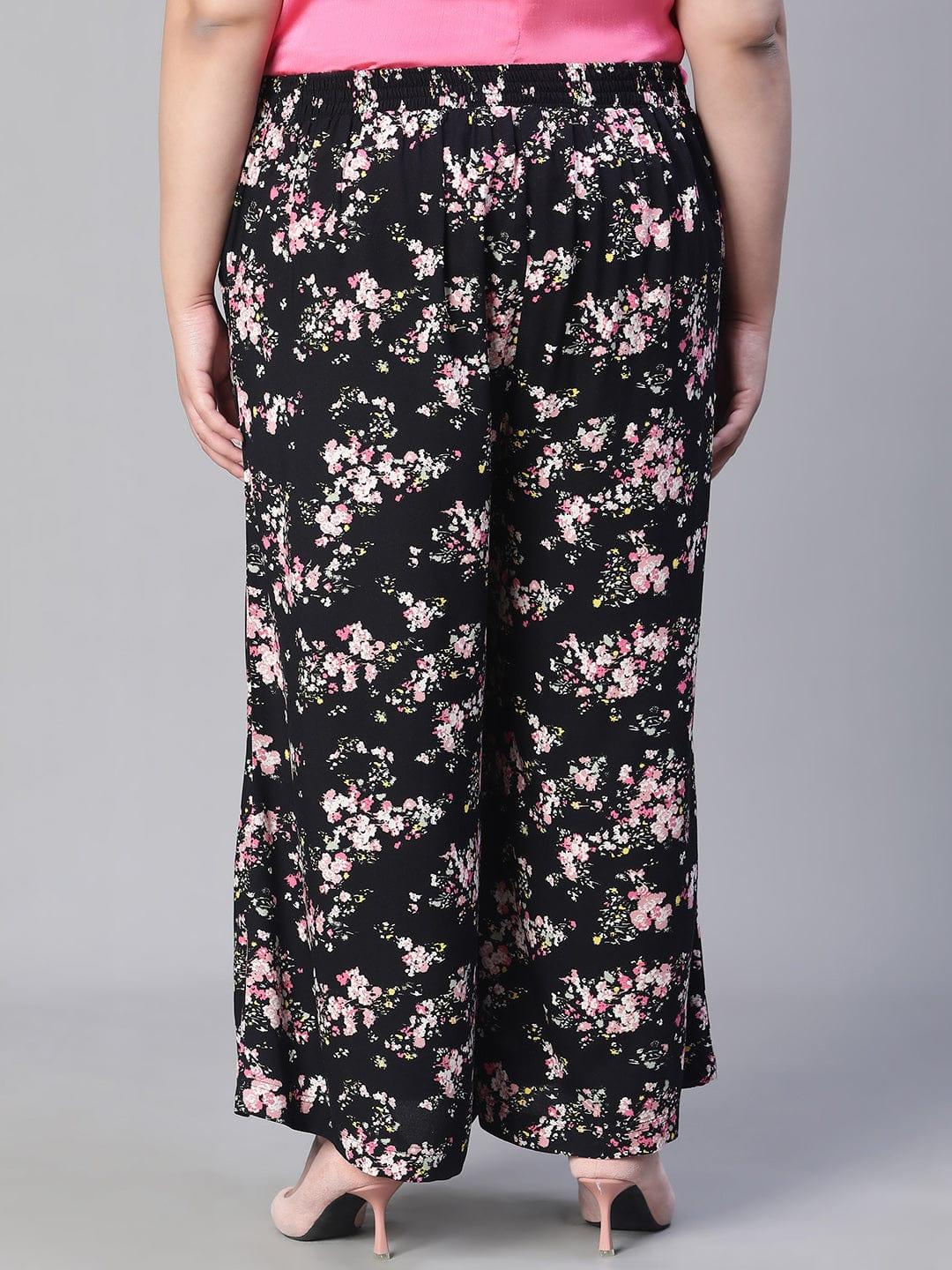 Popular Black Floral Print Elasticated Tie-knot Plus Size Women Casual Pant