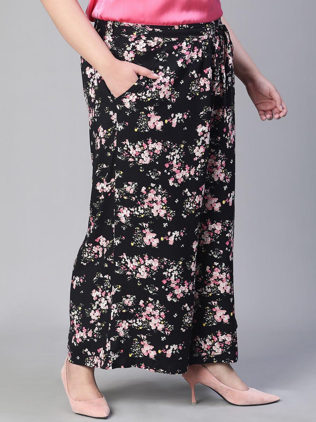 Popular Black Floral Print Elasticated Tie-knot Plus Size Women Casual Pant