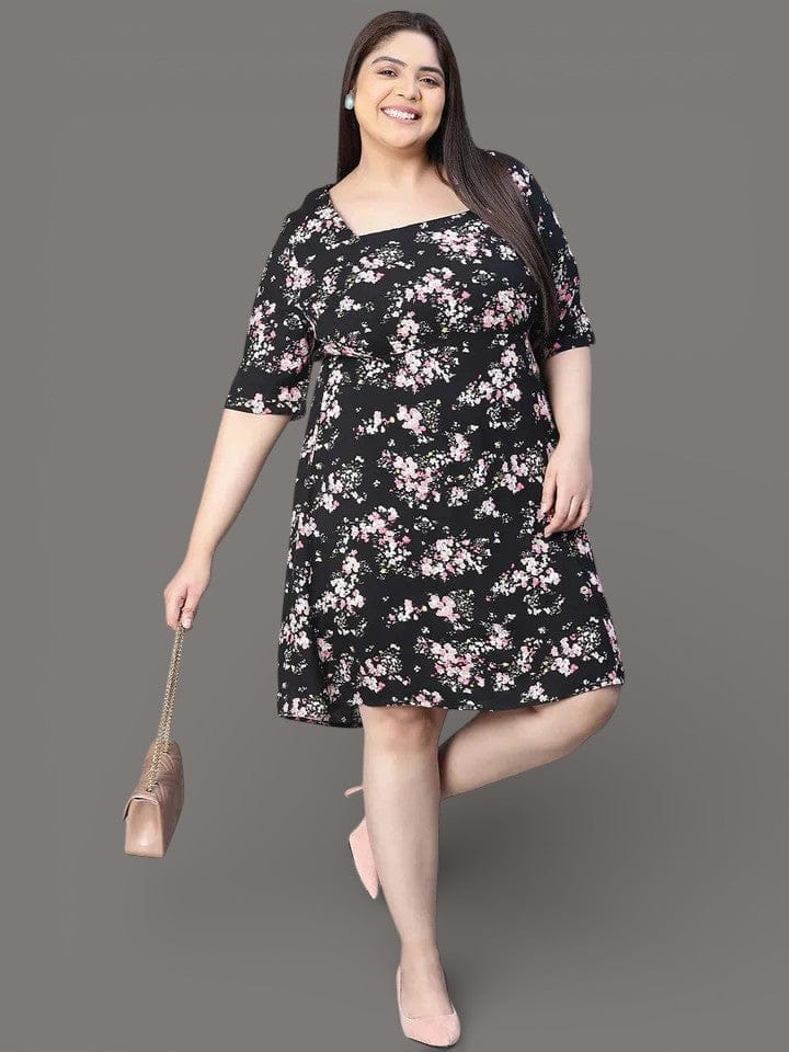 Plus Size Black Floral Printed Dress