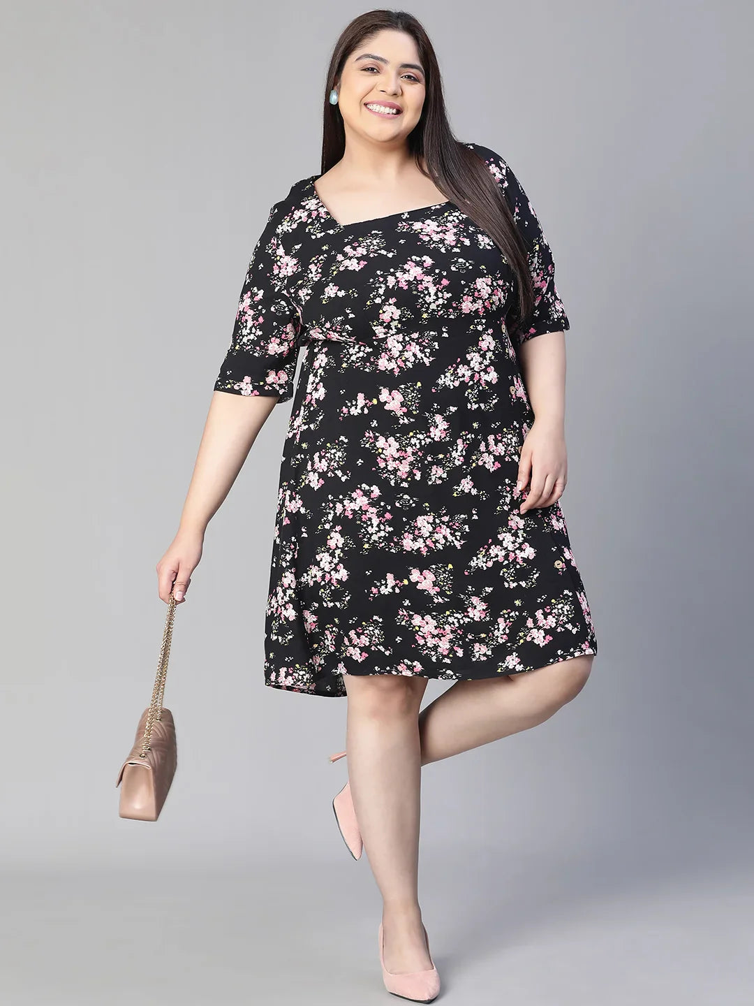 New Black Floral Print Short Sleeve Plus Size Dress