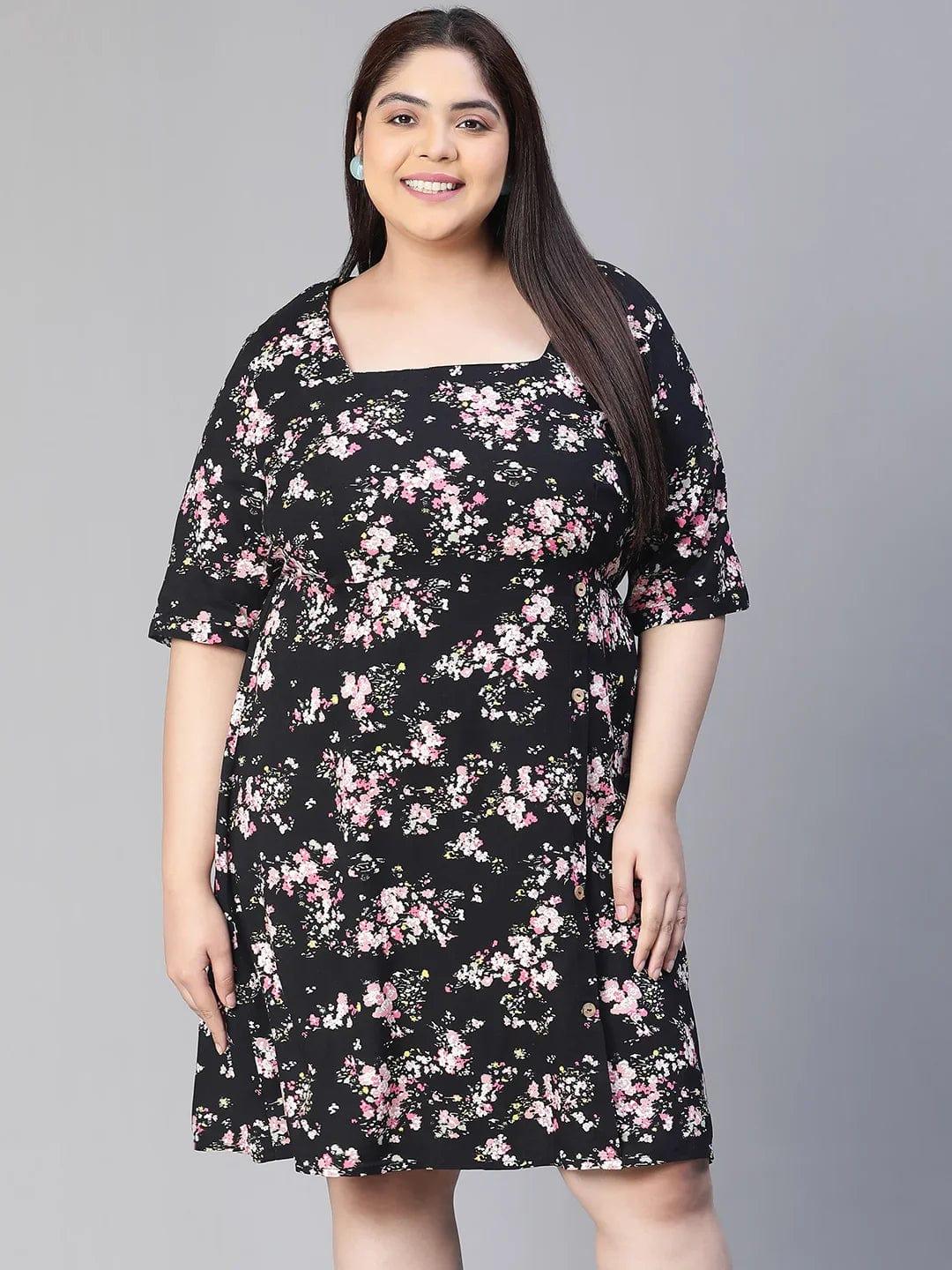 New Black Floral Print Short Sleeve Plus Size Curvy Dress