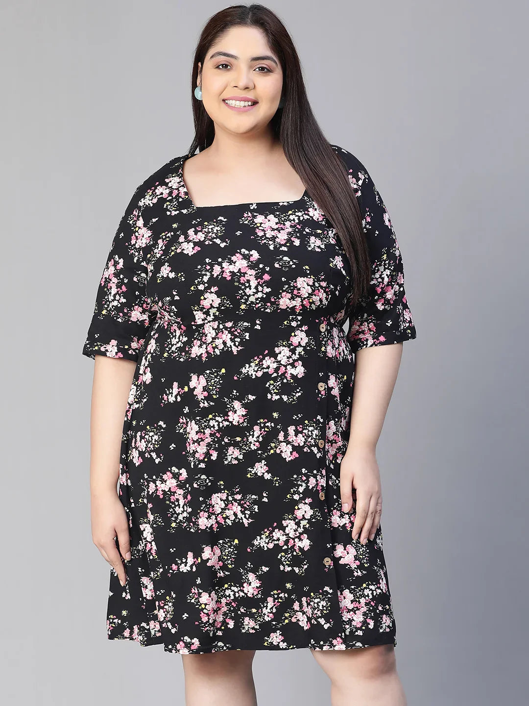 New Black Floral Print Short Sleeve Plus Size Dress