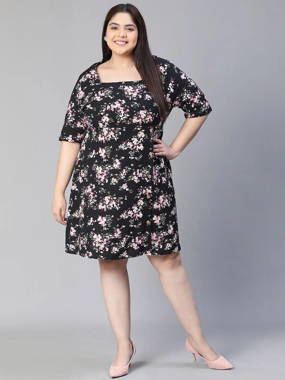 New Black Floral Print Short Sleeve Plus Size Curvy Dress