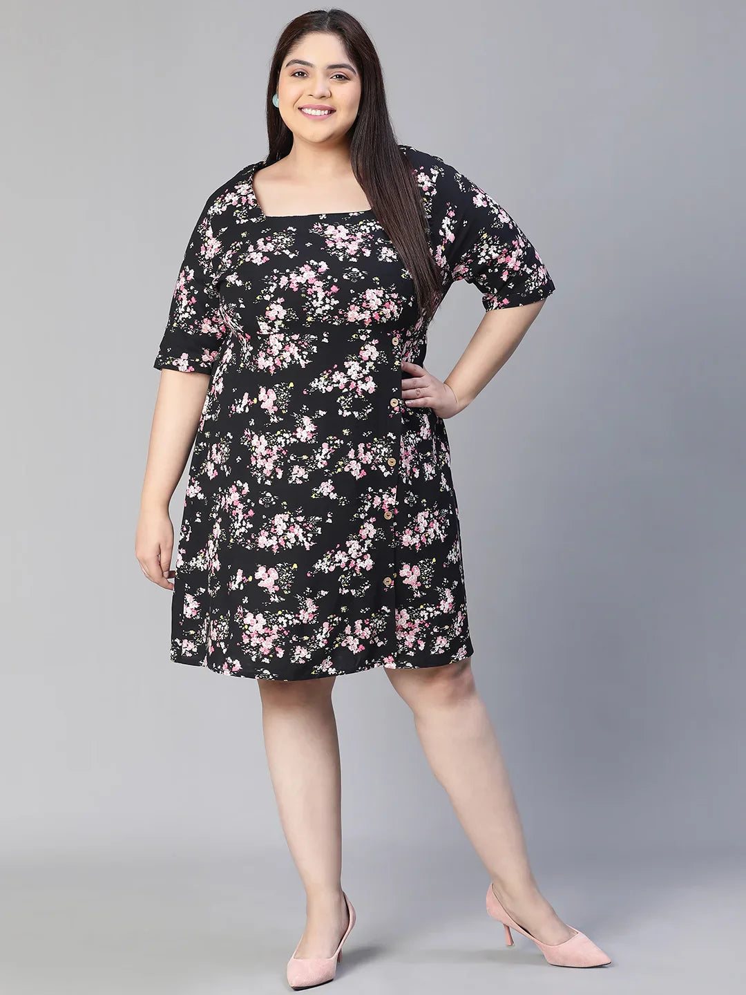 New Black Floral Print Short Sleeve Plus Size Dress