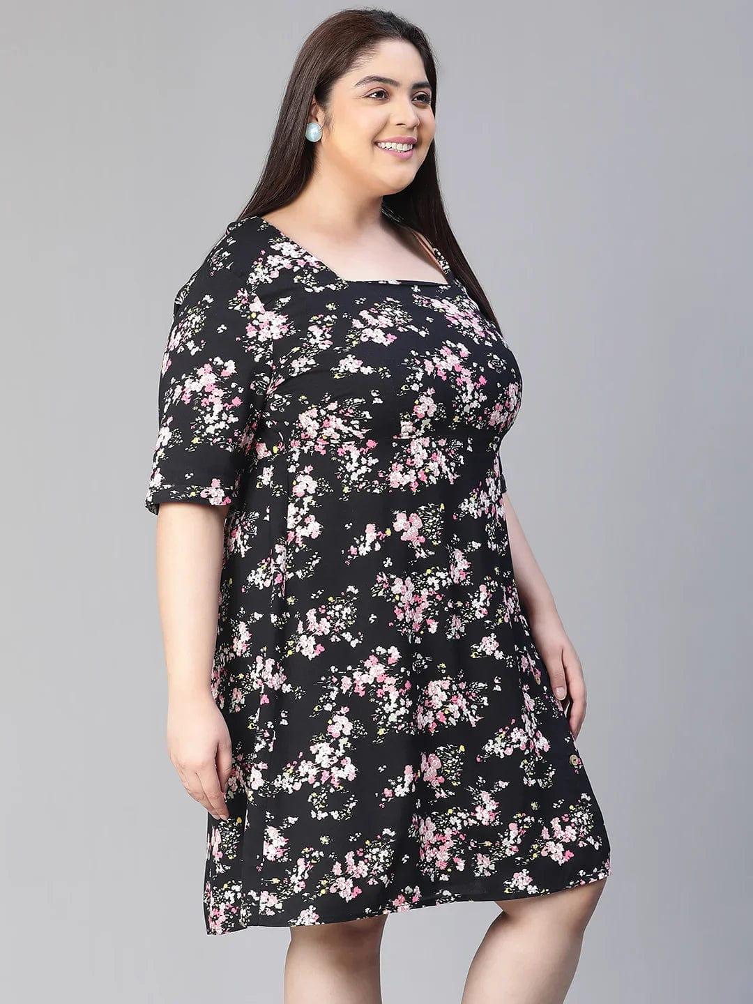 New Black Floral Print Short Sleeve Plus Size Curvy Dress