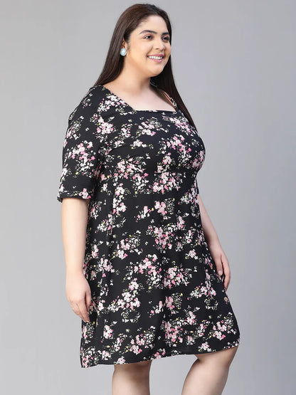 New Black Floral Print Short Sleeve Plus Size Dress