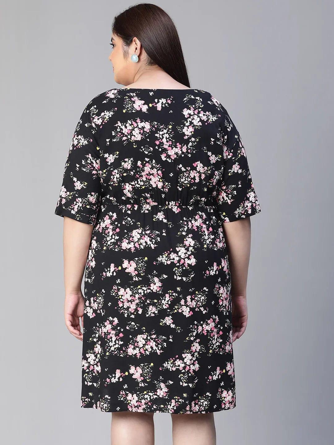 New Black Floral Print Short Sleeve Plus Size Curvy Dress