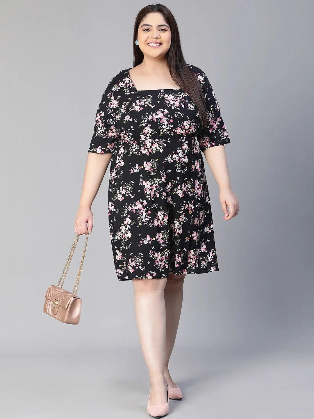 New Black Floral Print Short Sleeve Plus Size Curvy Dress