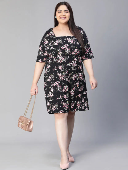 New Black Floral Print Short Sleeve Plus Size Dress