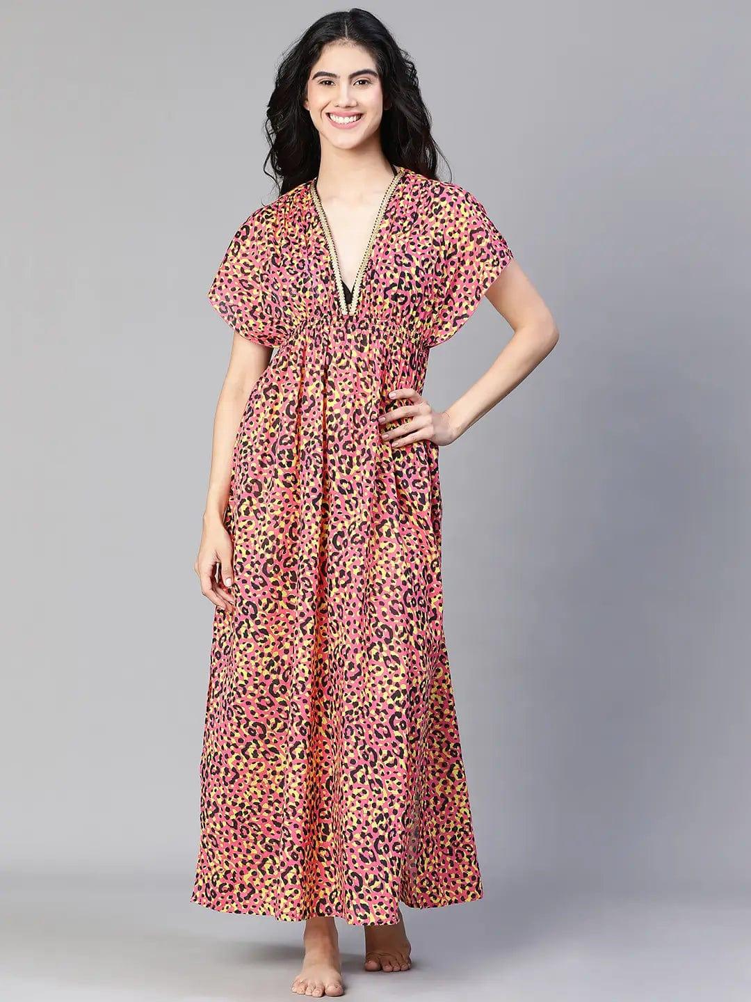 Women Multicolor Floral Print Laced & Elasticatedslit Maxi Beachwear Cotton Dress - oxolloxo