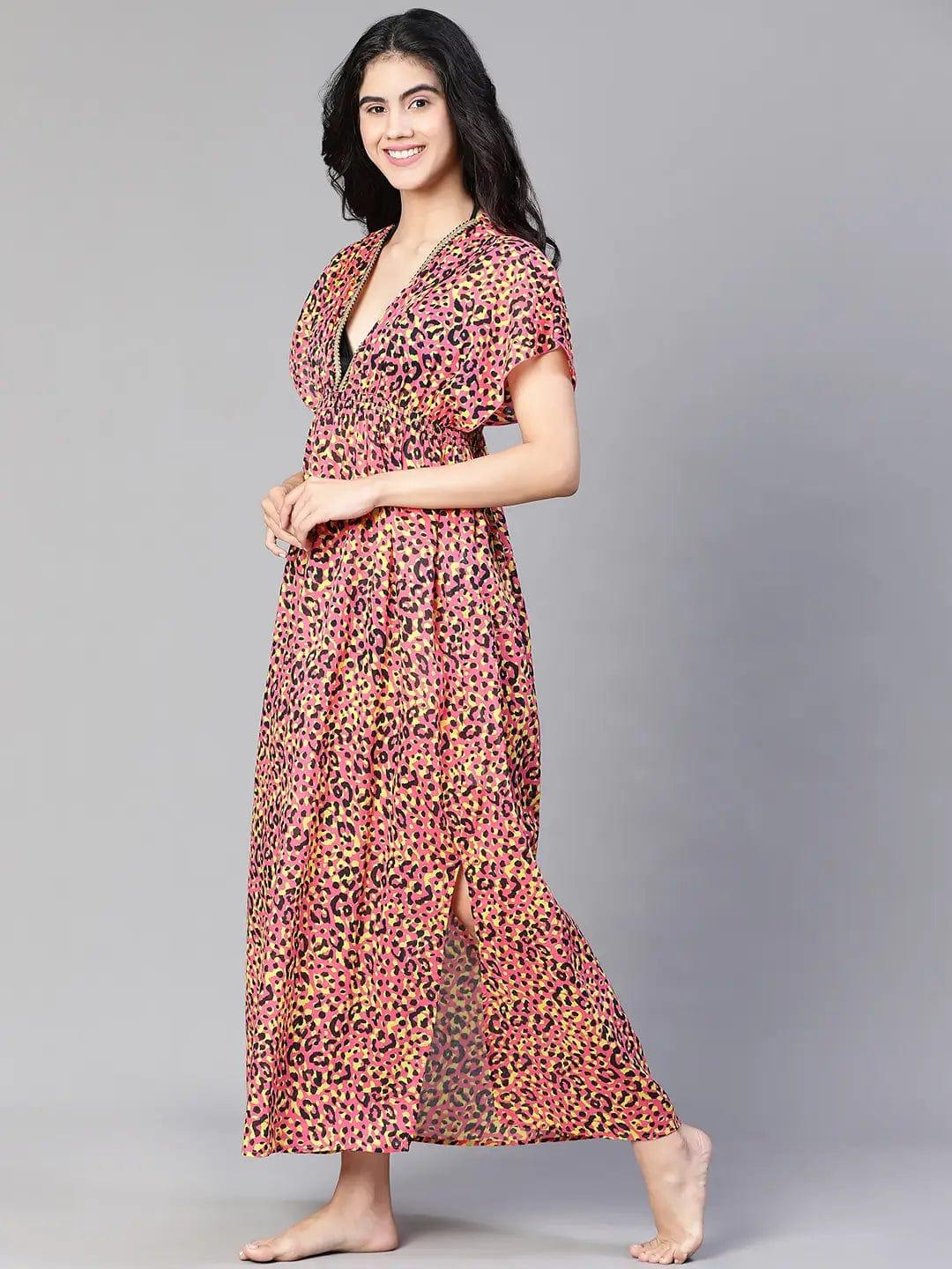 Women Multicolor Floral Print Laced & Elasticatedslit Maxi Beachwear Cotton Dress - oxolloxo