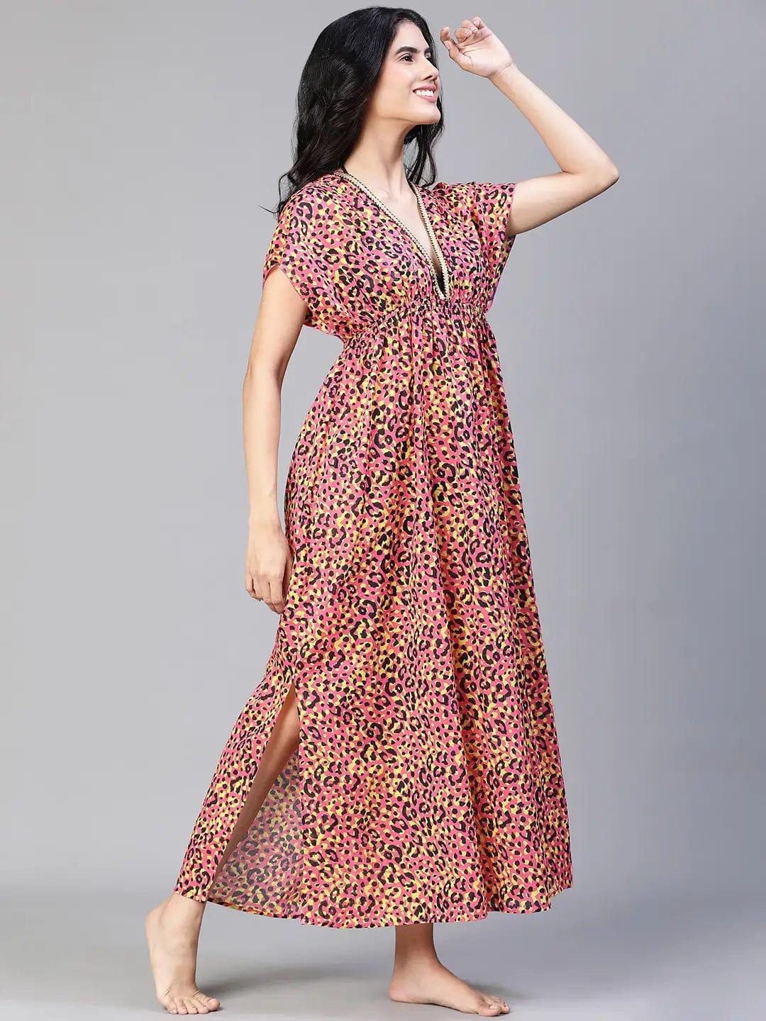 Women Multicolor Floral Print Laced & Elasticatedslit Maxi Beachwear Cotton Dress - oxolloxo
