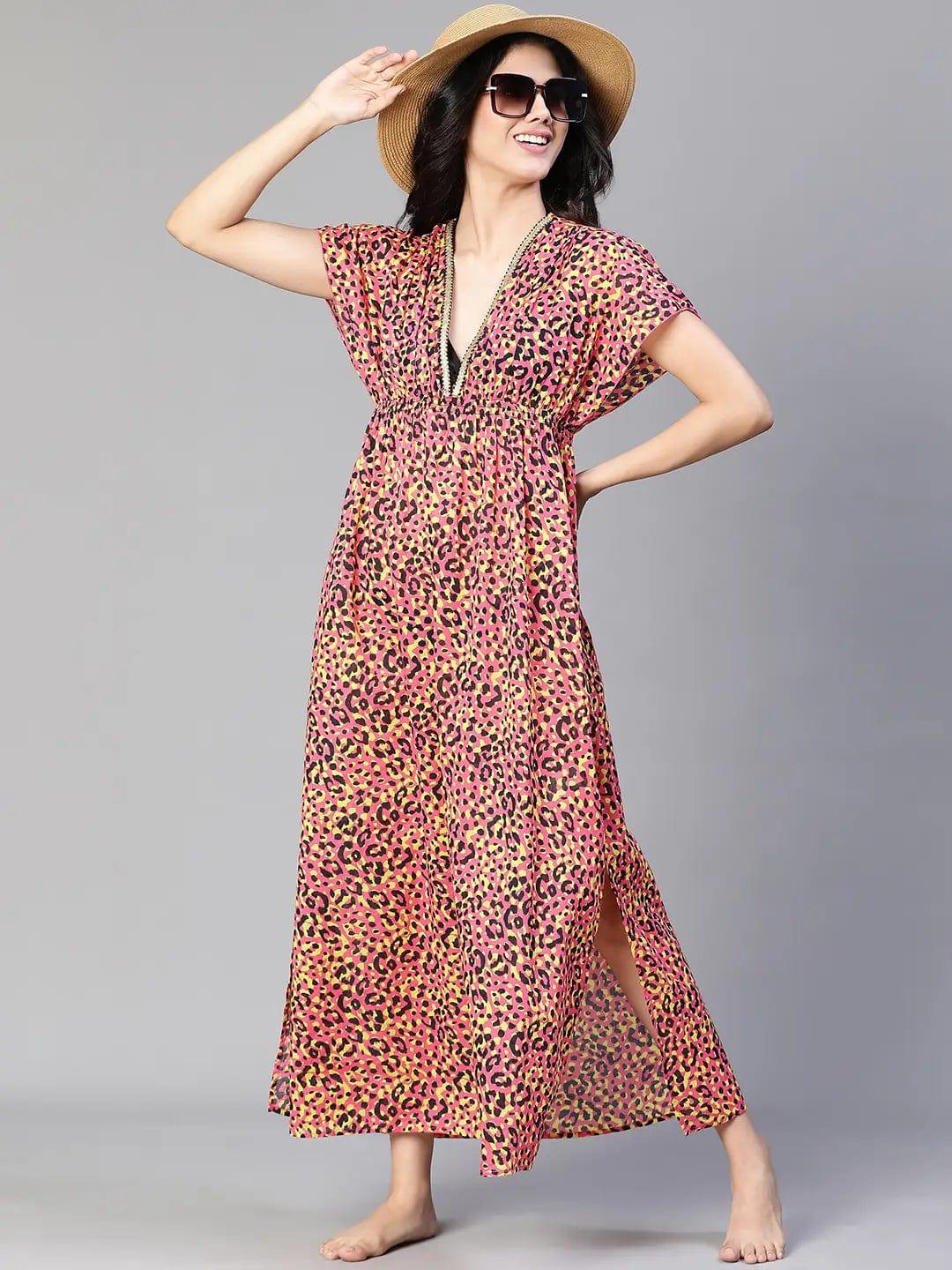 Women Multicolor Floral Print Laced & Elasticatedslit Maxi Beachwear Cotton Dress - oxolloxo