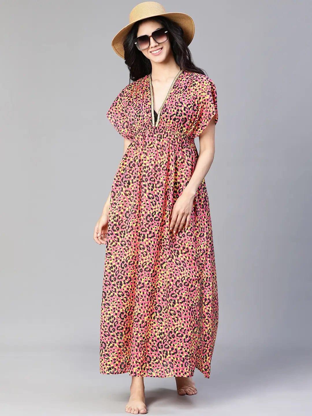 Women Multicolor Floral Print Laced & Elasticatedslit Maxi Beachwear Cotton Dress - oxolloxo