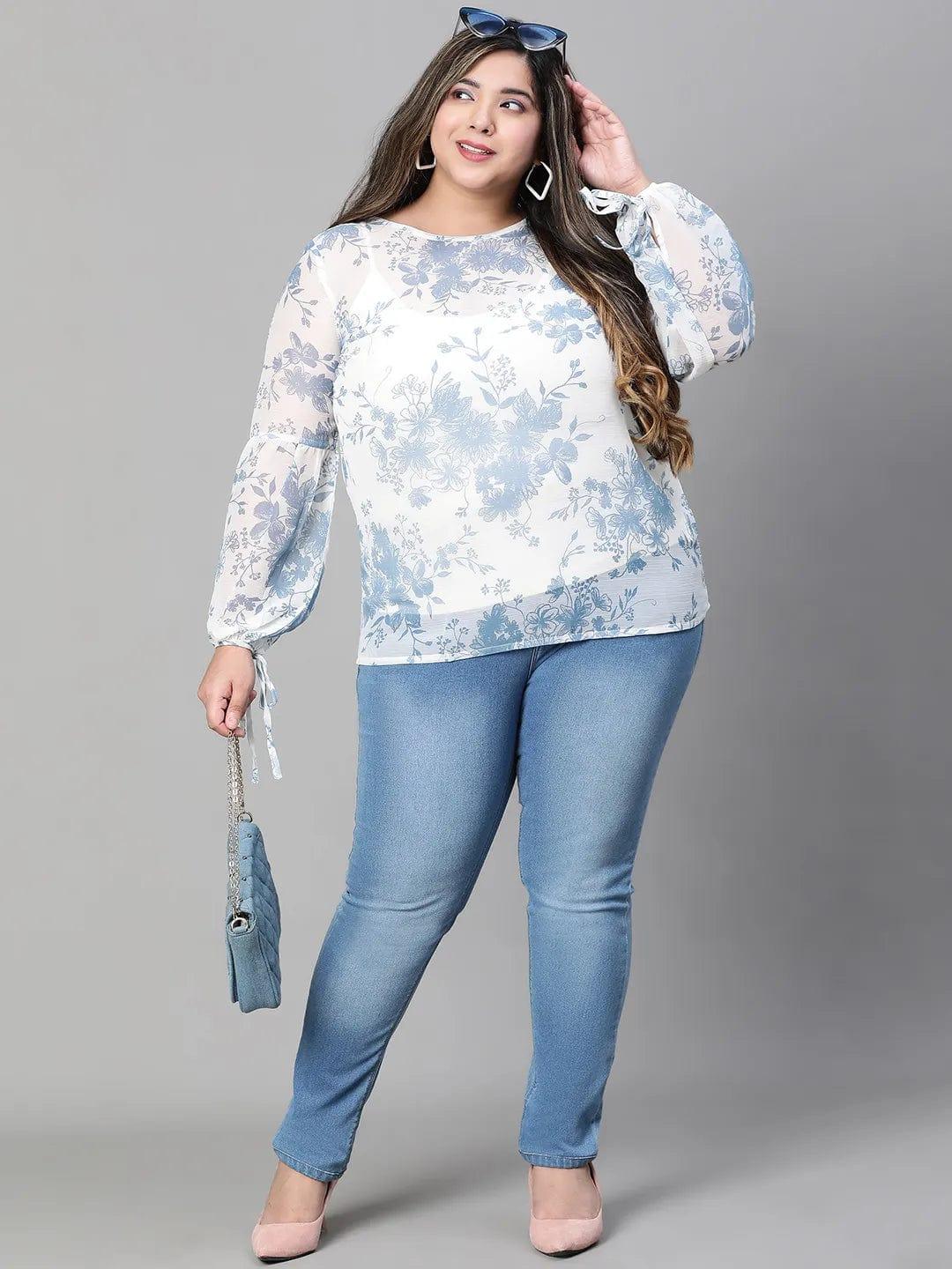 Women Floral Print Blue Round Neck Long Sleeve Plus Size Top