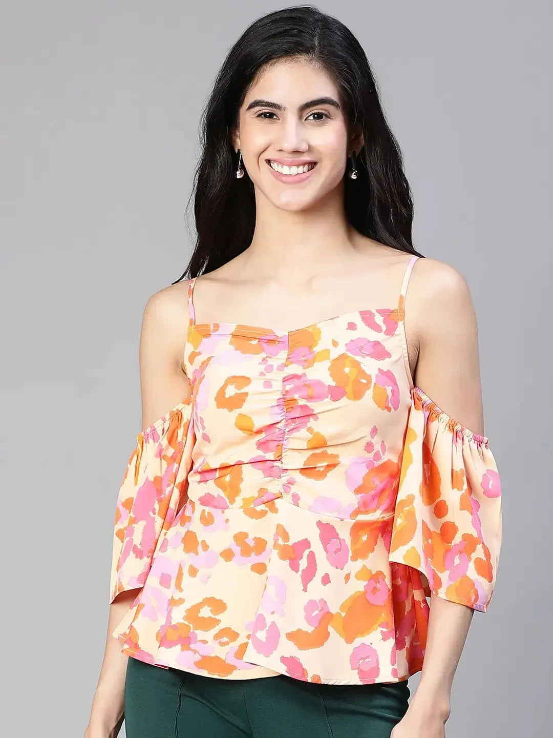 Women Multicolor Floral Print Cold Shoulder Strap Top - oxolloxo