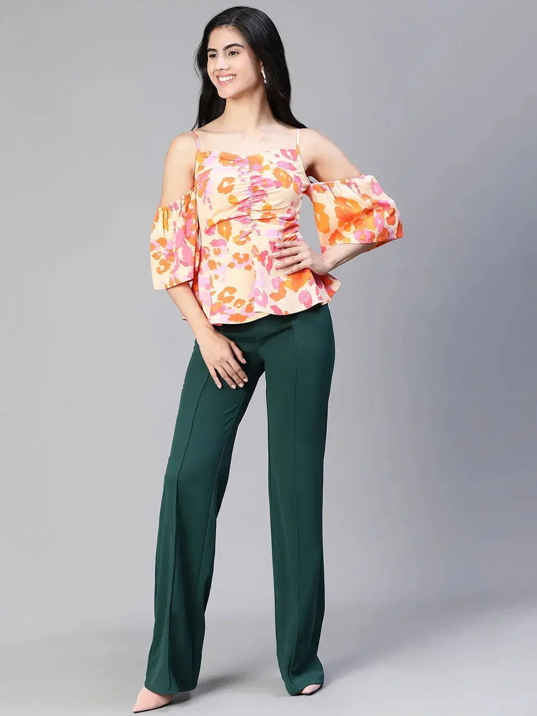 Women Multicolor Floral Print Cold Shoulder Strap Top - oxolloxo