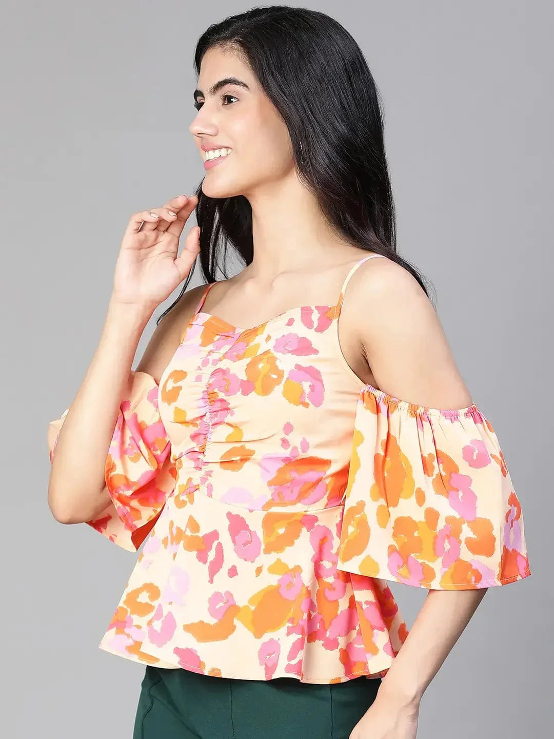 Women Multicolor Floral Print Cold Shoulder Strap Top - oxolloxo