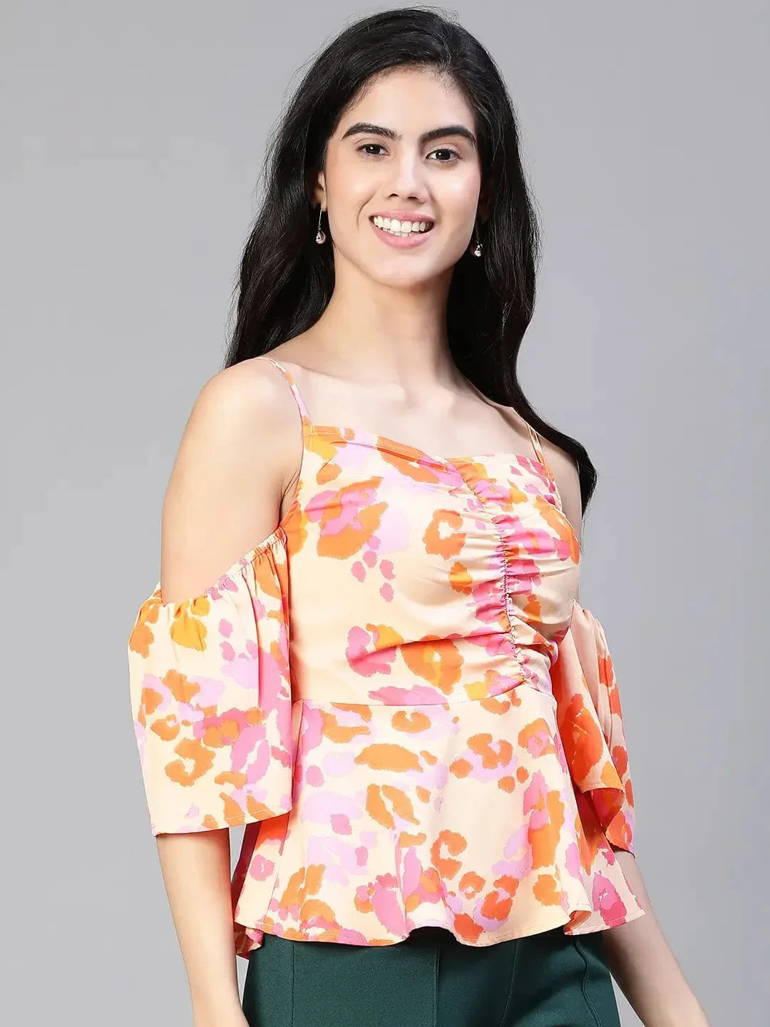Women Multicolor Floral Print Cold Shoulder Strap Top - oxolloxo