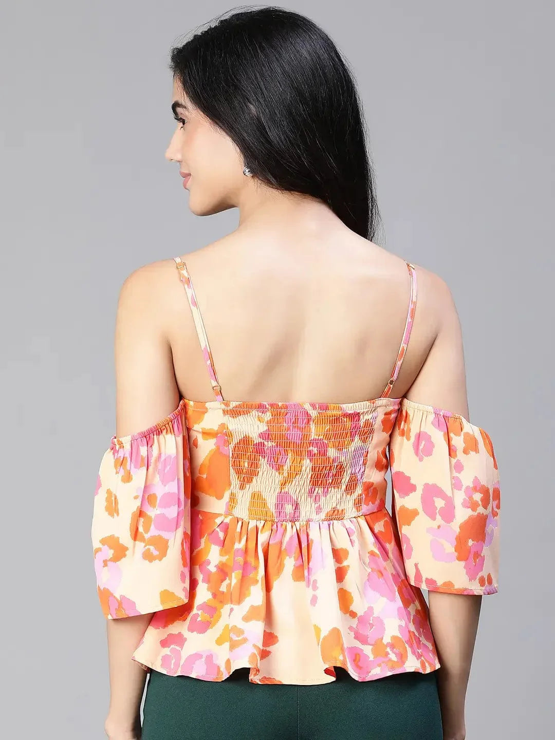 Women Multicolor Floral Print Cold Shoulder Strap Top - oxolloxo