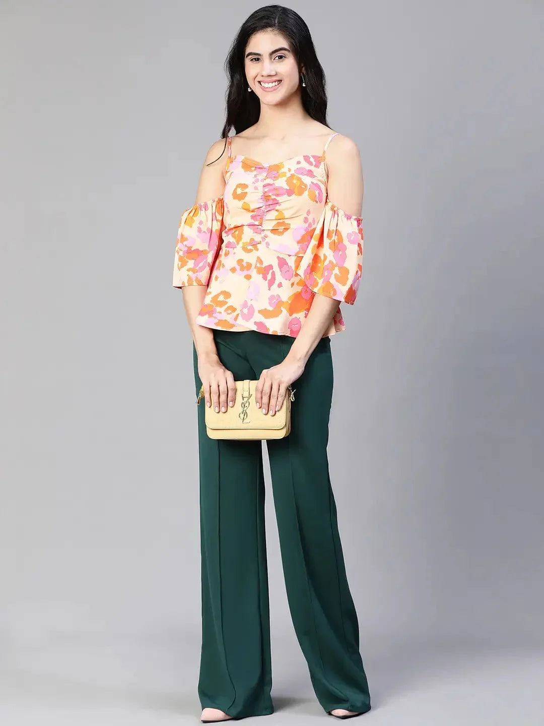 Women Multicolor Floral Print Cold Shoulder Strap Top - oxolloxo