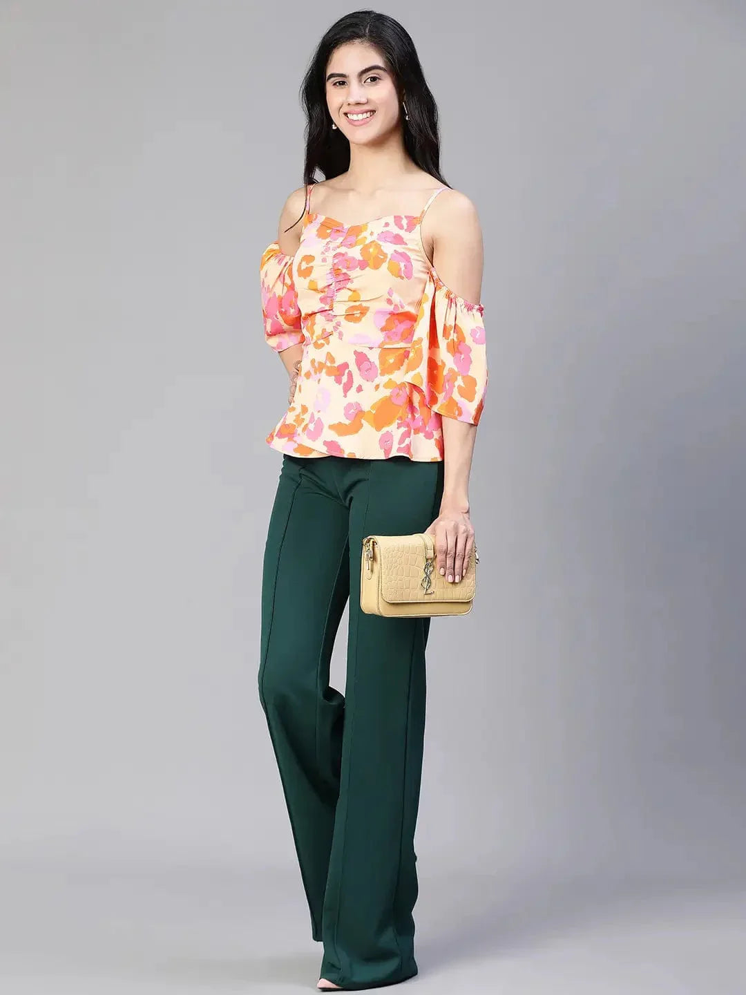 Women Multicolor Floral Print Cold Shoulder Strap Top - oxolloxo