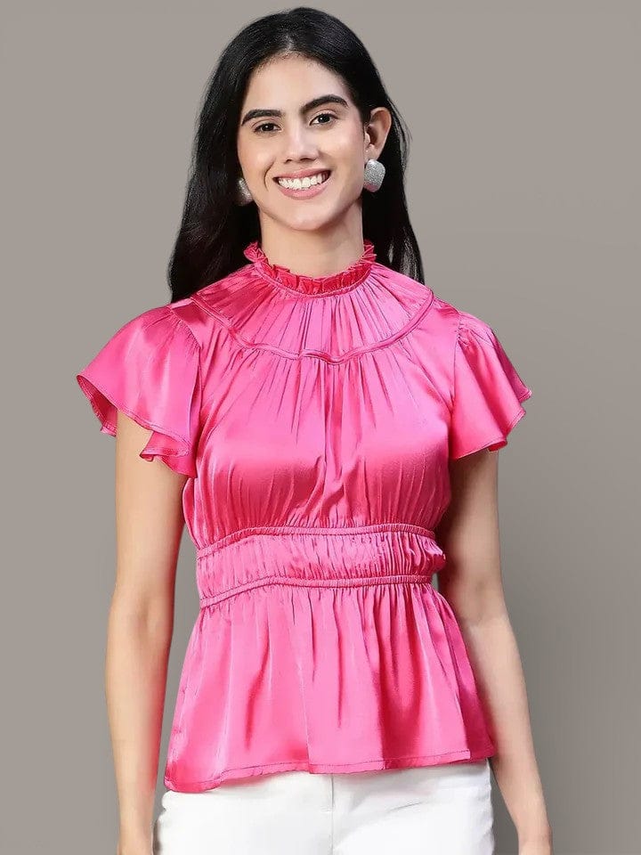 Pink Satin Party Top - Women's Round Neck Ruffle Sleeve Blouse with Elasticated Waist