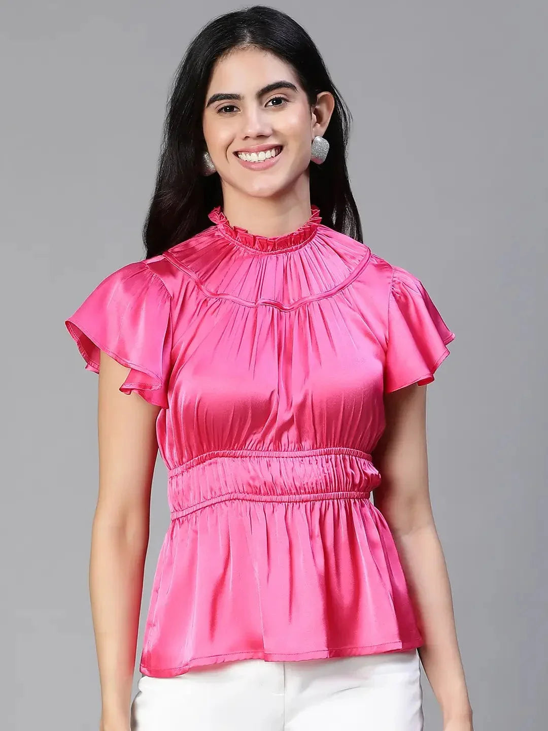 Women Pink Round Neck Ruffle Elasticatedsatin Party Top - oxolloxo