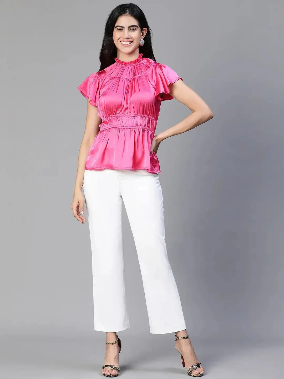 Women Pink Round Neck Ruffle Elasticatedsatin Party Top - oxolloxo