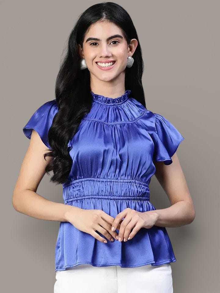 Blue Satin Party Top - Women's Ruffle Neck Blouse With Elasticated Hem