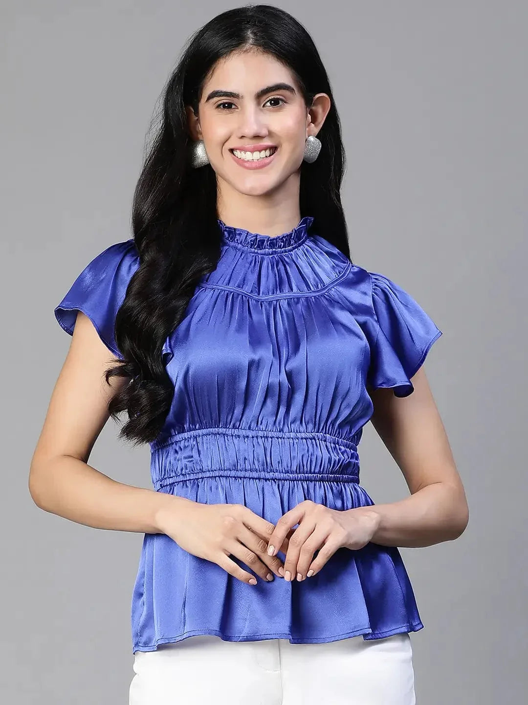 Women Blue Round Neck Ruffle Elasticatedsatin Party Top - oxolloxo
