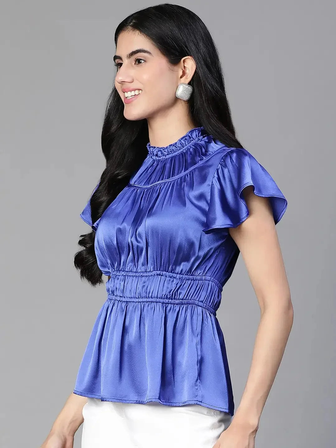 Women Blue Round Neck Ruffle Elasticatedsatin Party Top - oxolloxo