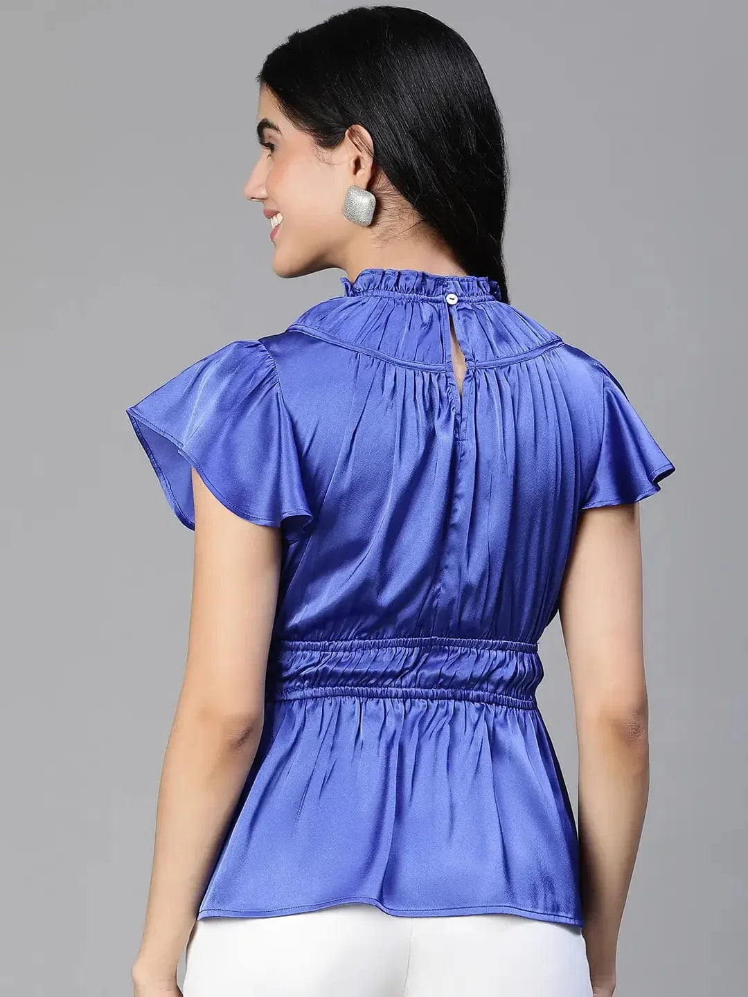 Women Blue Round Neck Ruffle Elasticatedsatin Party Top - oxolloxo