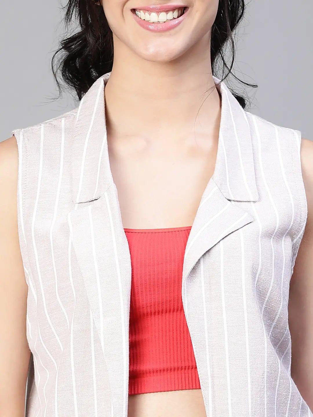 Women'S Beige Stripe Print Open Collared Sleeveless Cotton Waistcoat