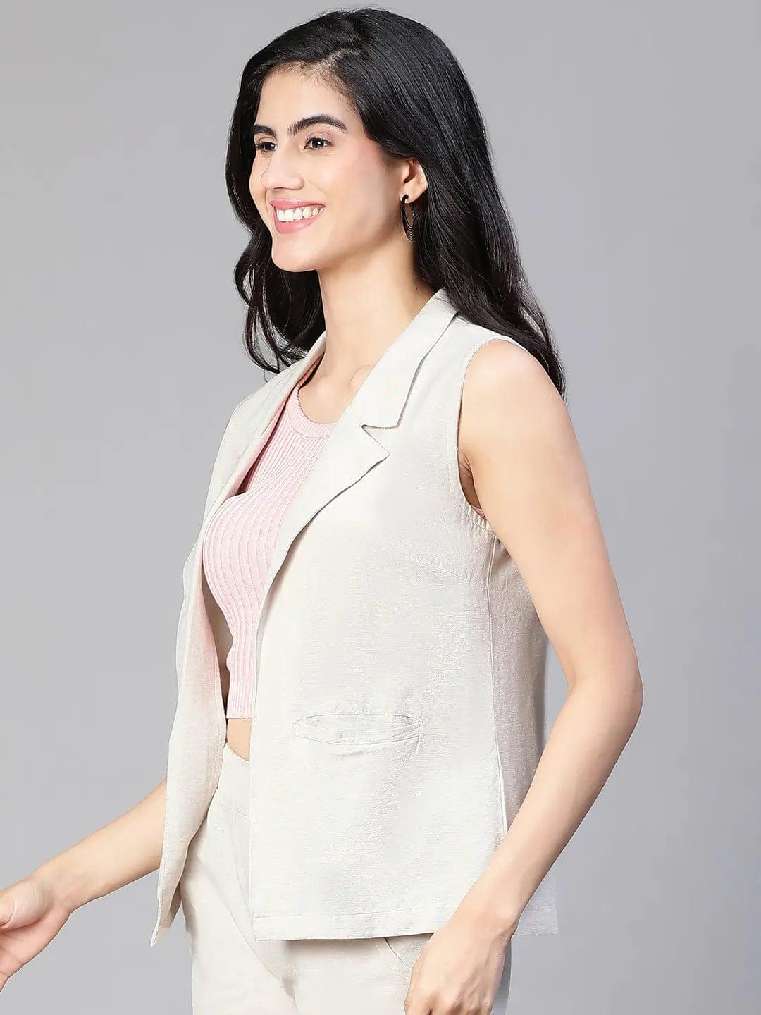 Women'S Soild Beige Open Collared Sleeveless Cotton Waistcoat