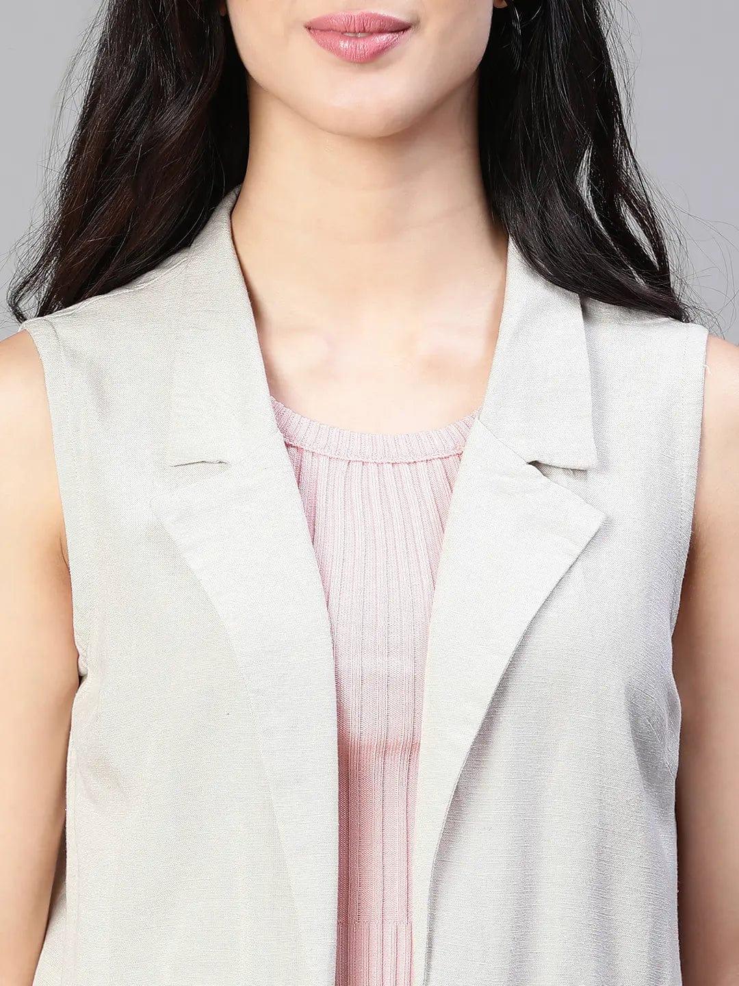 Women'S Soild Beige Open Collared Sleeveless Cotton Waistcoat