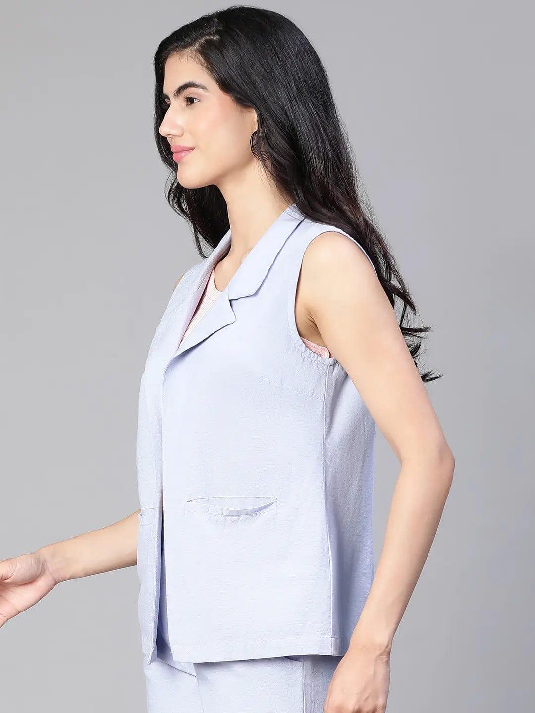 Women'S Solid Blue Open Collared Sleeveless Cotton Waistcoat