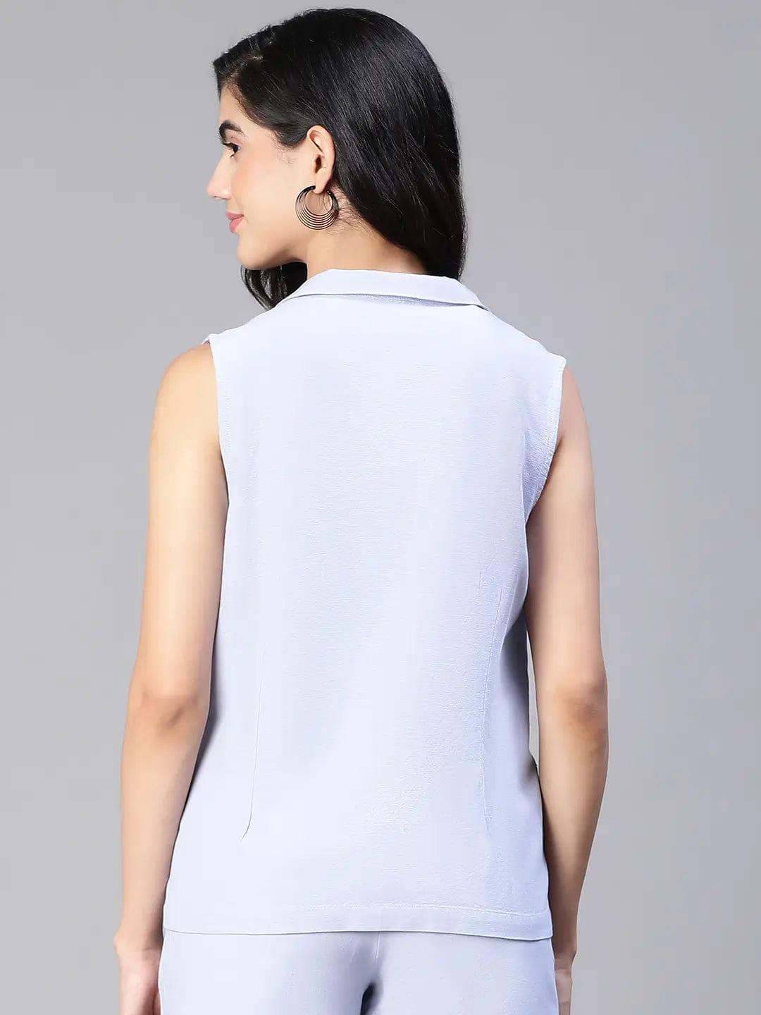 Women'S Solid Blue Open Collared Sleeveless Cotton Waistcoat