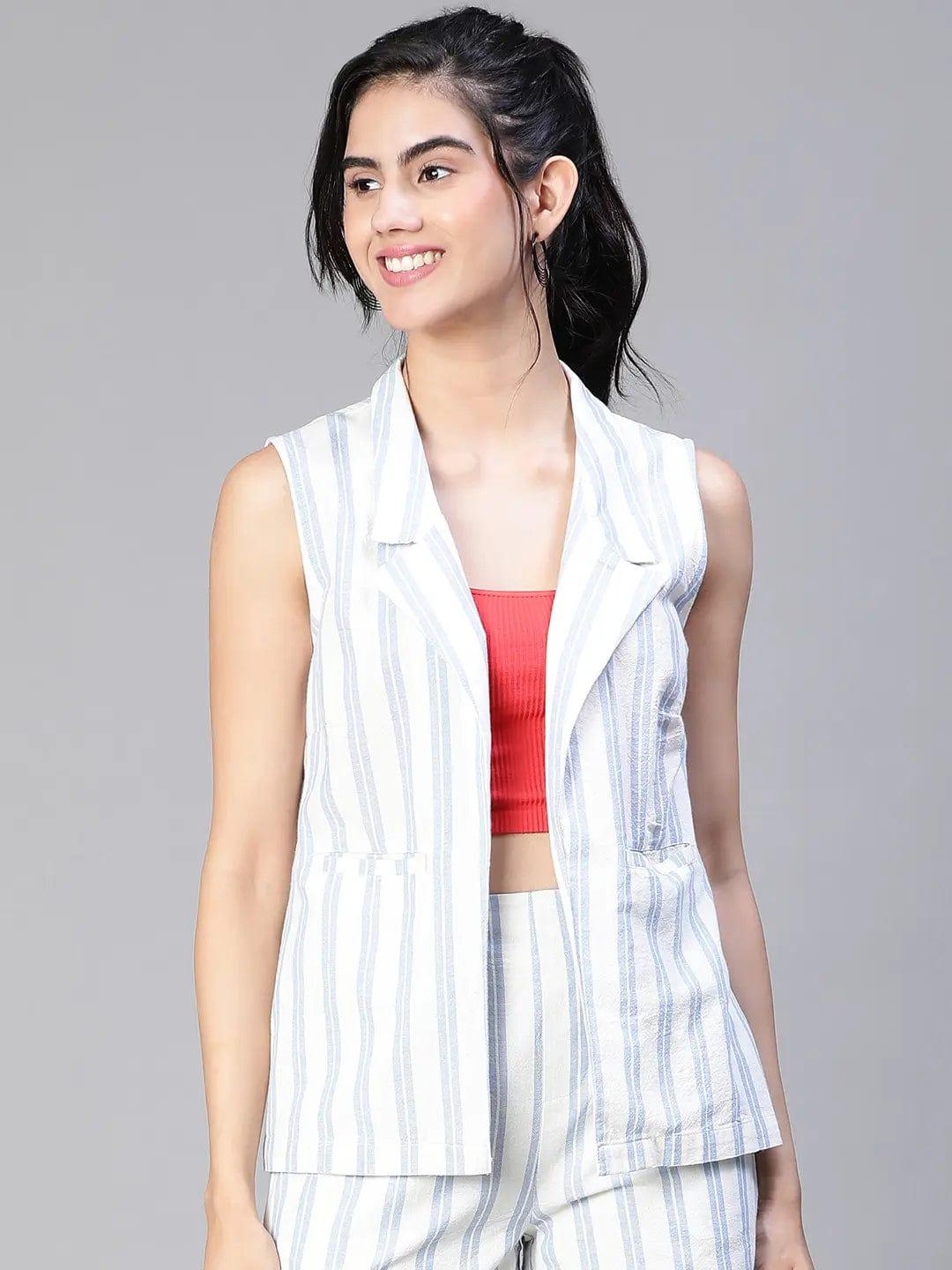 Women'S Blue Stripe Print Open Collared Sleeveless Cotton Waistcoat