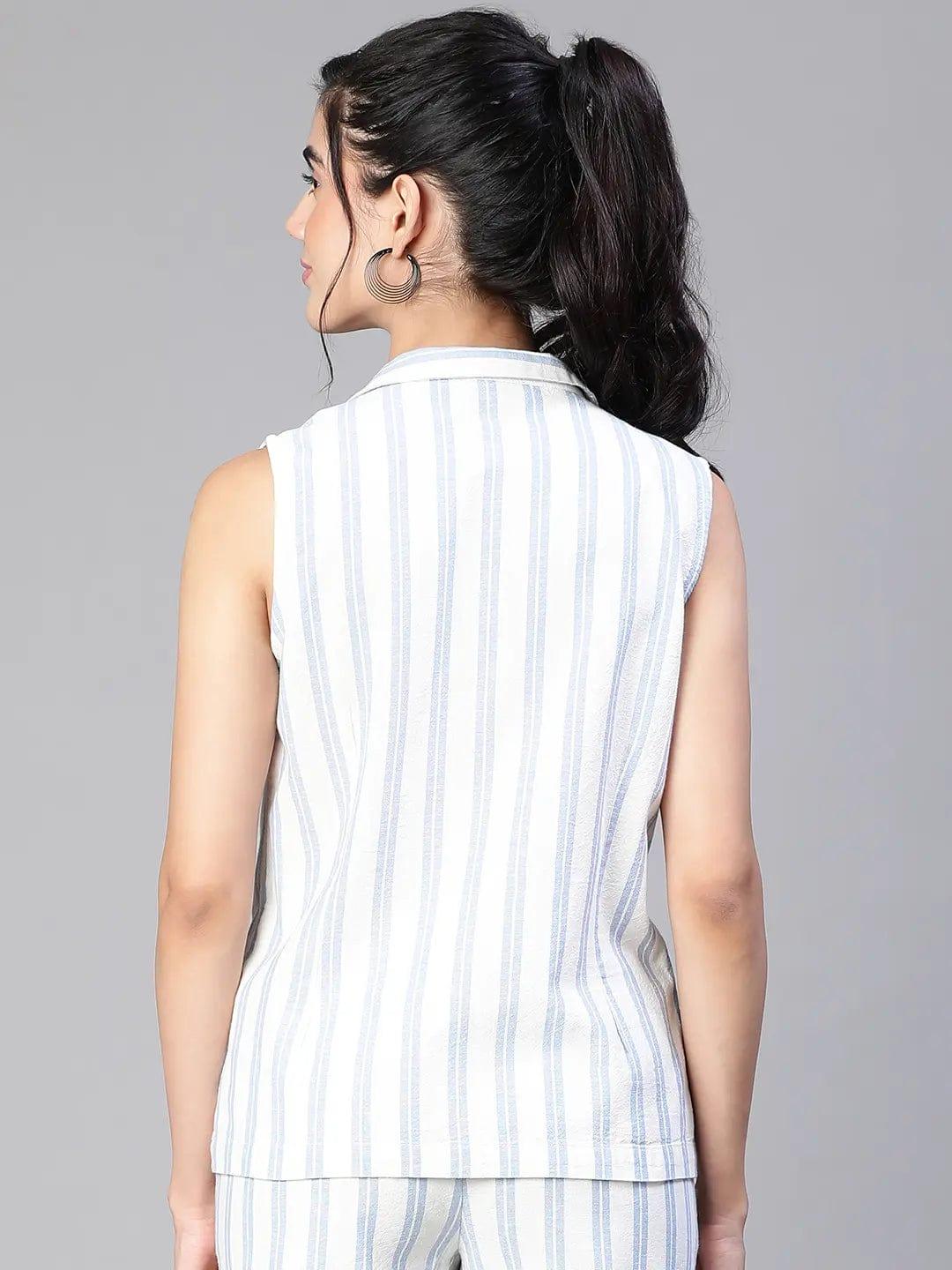 Women'S Blue Stripe Print Open Collared Sleeveless Cotton Waistcoat