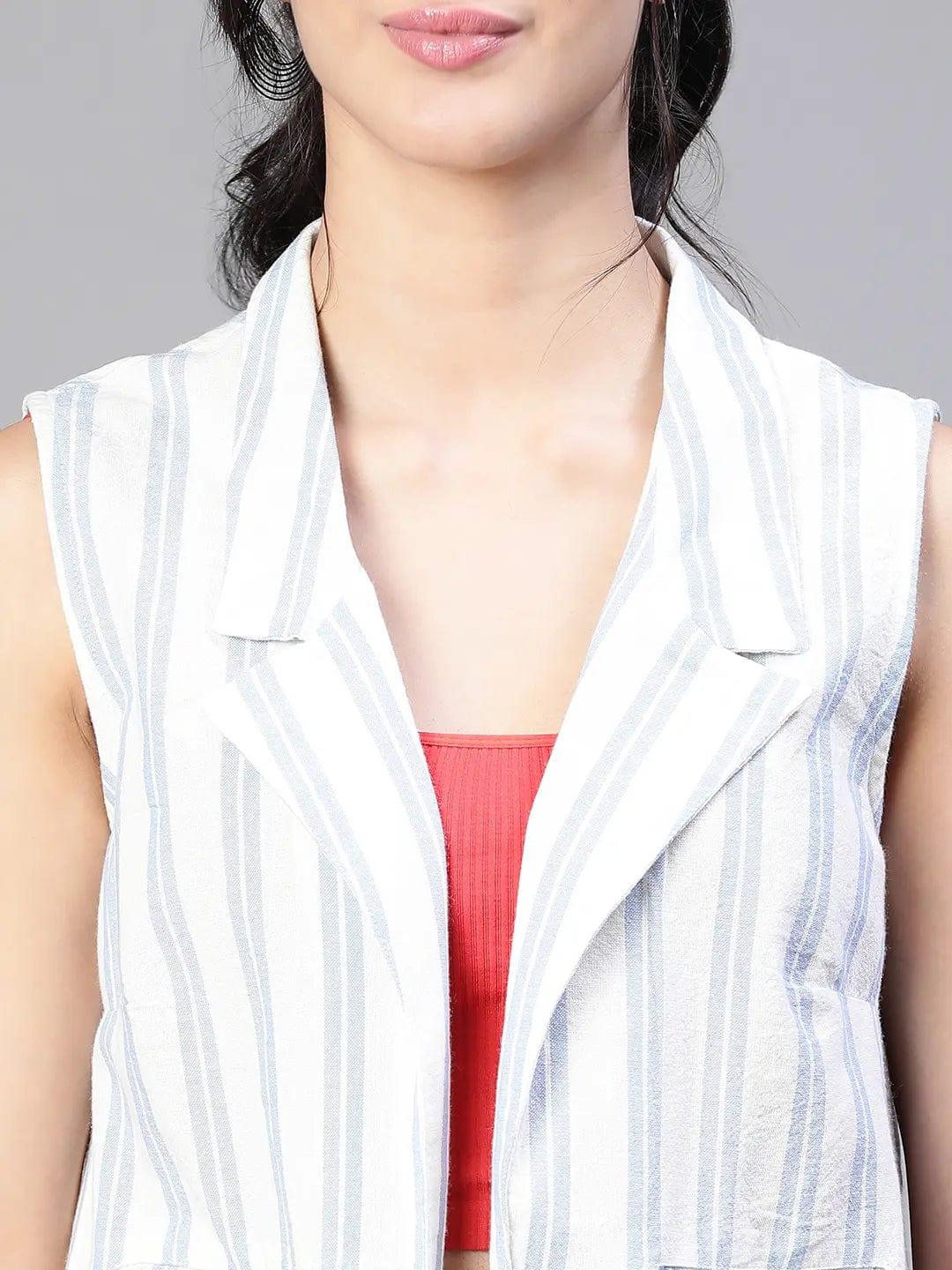 Women'S Blue Stripe Print Open Collared Sleeveless Cotton Waistcoat