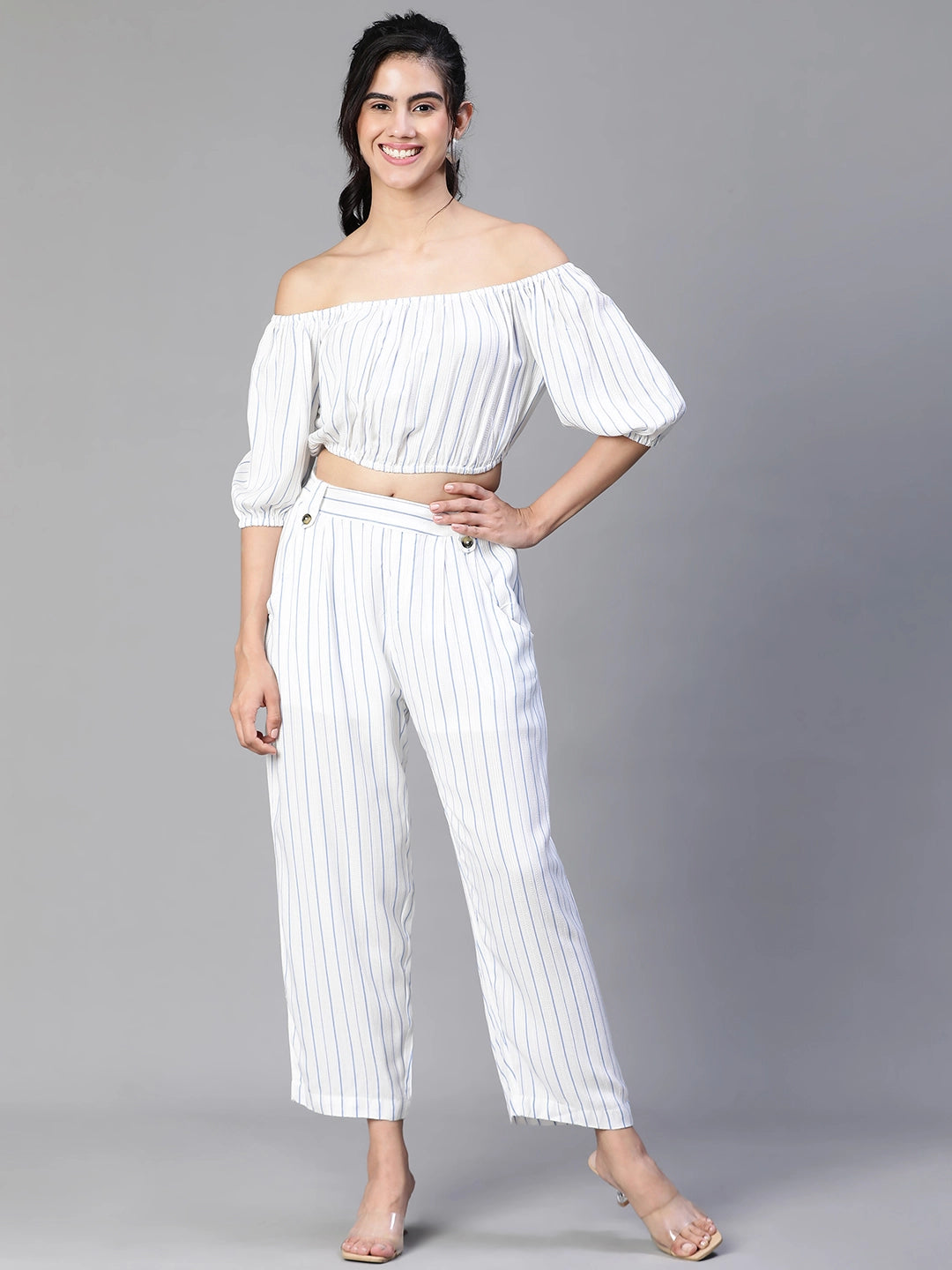 Women White Stripe Print Cold Shoulder Top and Pant