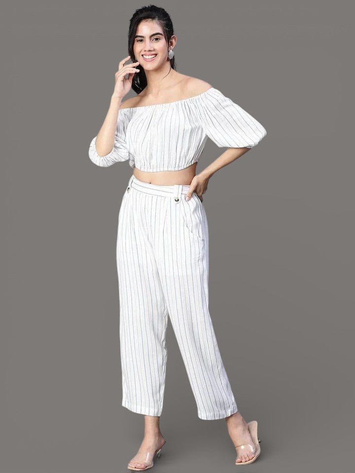 Women White Stripe Print Cold Shoulder Top and Pant
