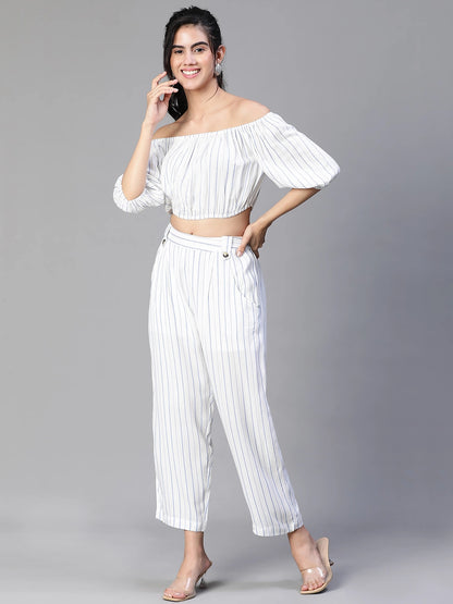 Women White Stripe Print Cold Shoulder Top and Pant