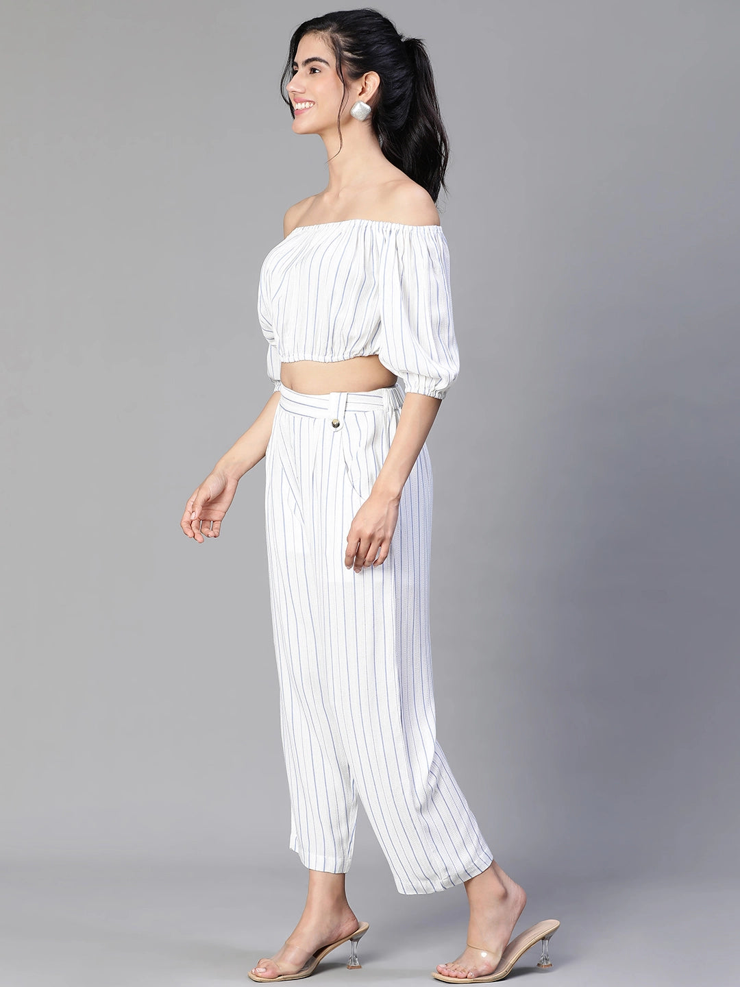 Women White Stripe Print Cold Shoulder Top and Pant