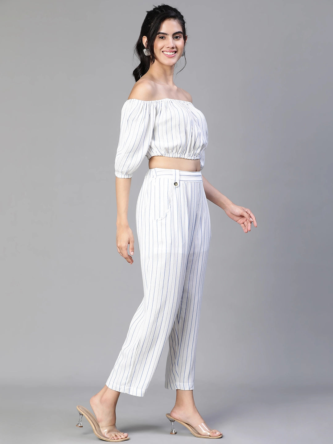 Women White Stripe Print Cold Shoulder Top and Pant