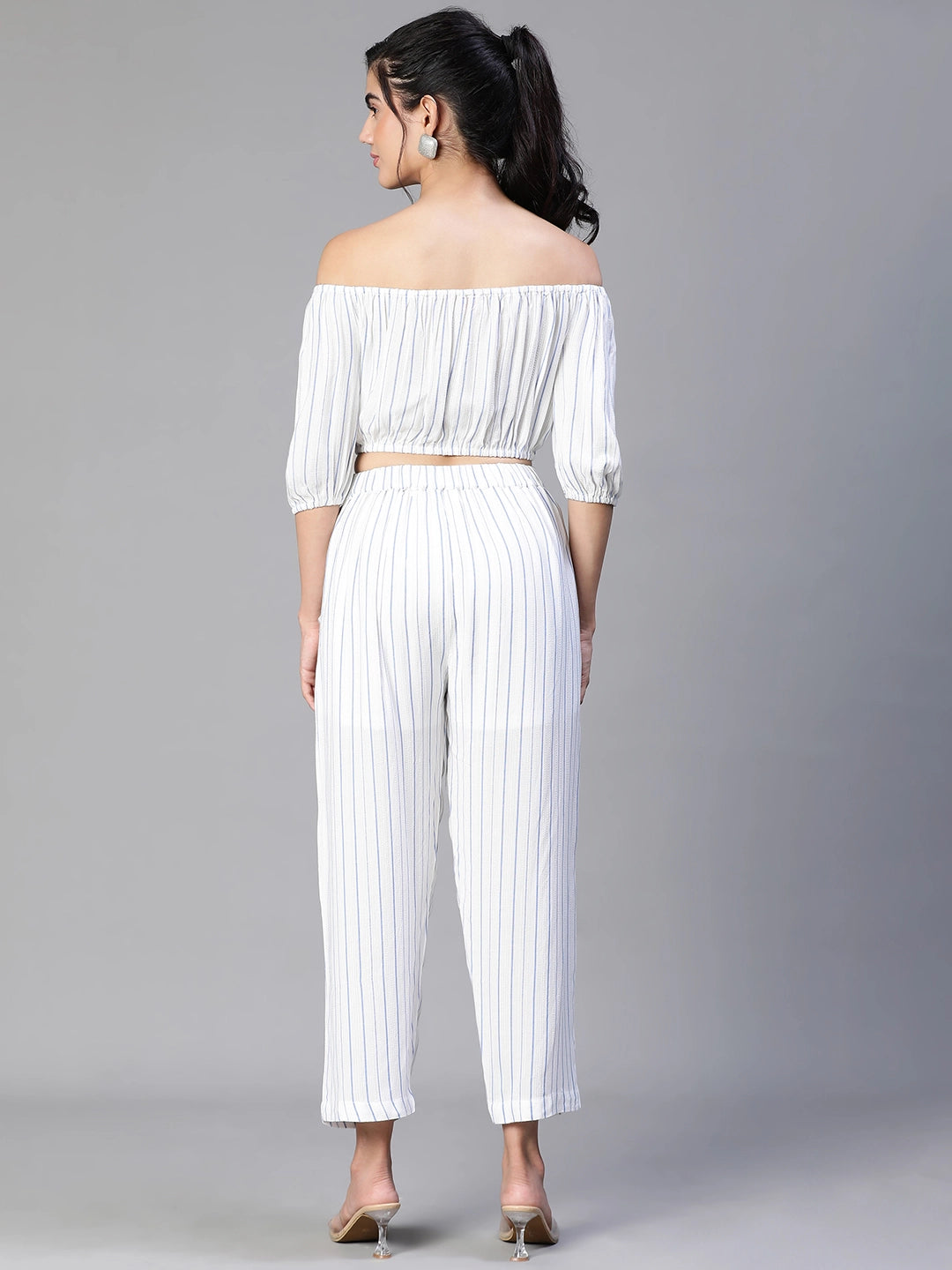 Women White Stripe Print Cold Shoulder Top and Pant